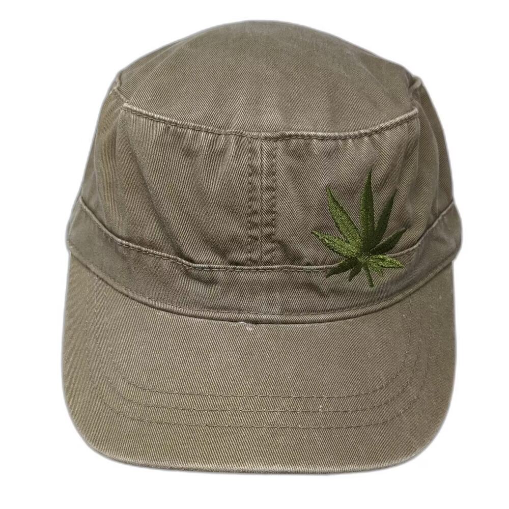 Concept One Army Cap Green One Size Hat Embroidered Marijuana Leaf Adjustable